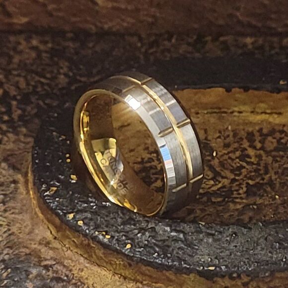 Personalized Mens Real Tungsten Promise Ring Brushed Steel 14k Gold Grooves - Picture 6 of 12